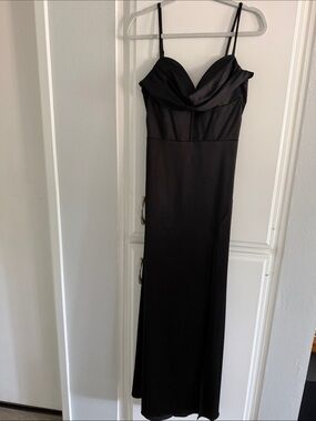Blondie Nites Black Satin Cowl-Neck Prom Gown